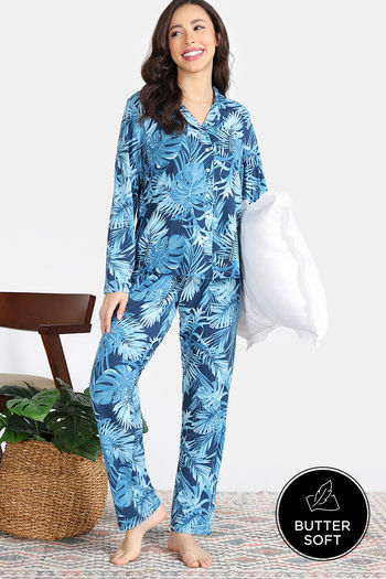 Zivame Indigo Wild Knit Poly Pyjama Set - Moonlight Ocean