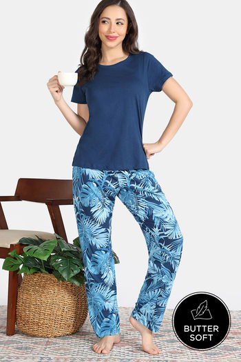 Zivame Indigo Wild Knit Poly Pyjama Set - Moonlight Ocean