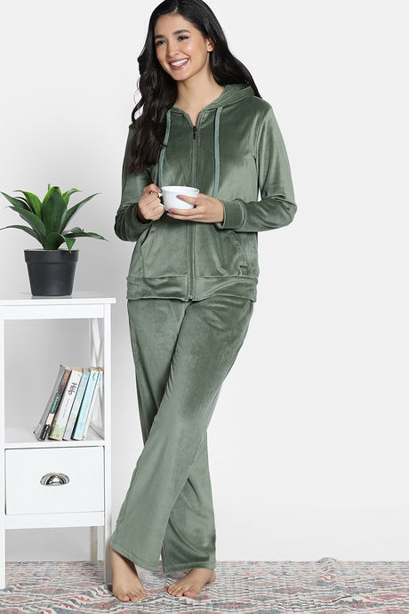 Zivame Knit Poly Velour Loungewear Set - Bronze Green