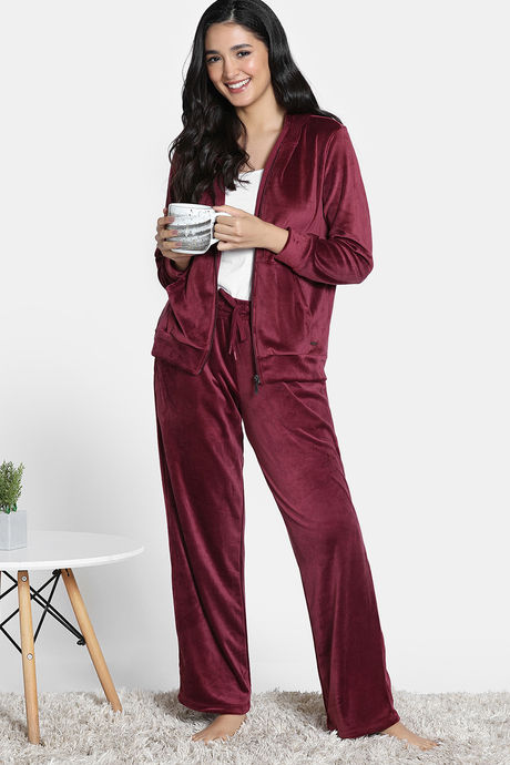 Zivame Knit Poly Velour Loungewear Set - Chocalate Truffle