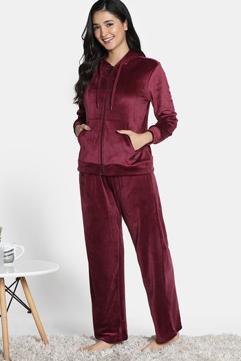 Zivame Knit Poly Velour Loungewear Set Chocalate Truffle