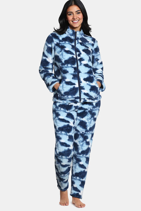 Zivame Soft Snuggles Fur Fabric Loungewear Set - Medieval Blue