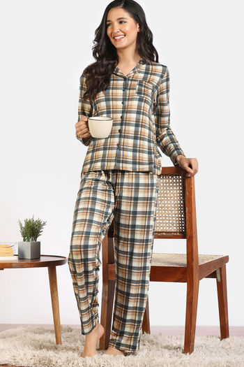 Zivame Print Fusion Knit Poly Pyjama Set - Frozen Dew