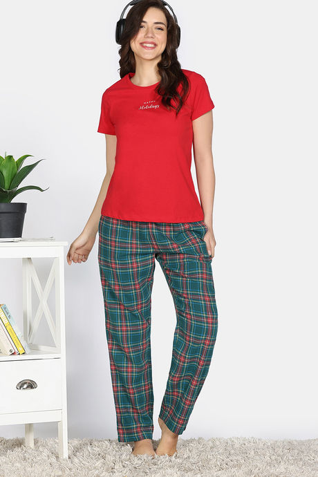 Zivame Checkered Charm Flannel Pyjama Set - June Bug