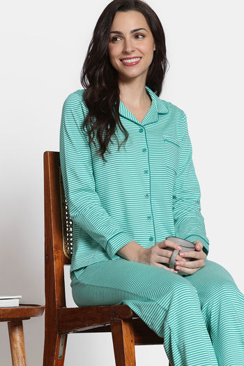 Zivame The Weekender Knit Cotton Pyjama Set - Ocean Floor