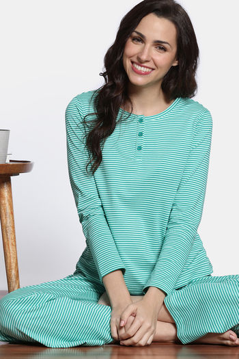 Zivame The Weekender Knit Cotton Pyjama Set - Ocean Floor