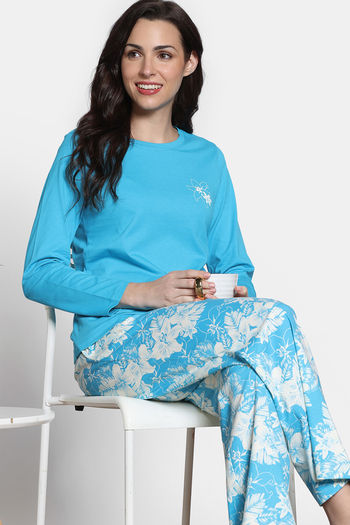 Zivame 2 Mile Fashion Knit Cotton Pyjama Set - Bachelor Button