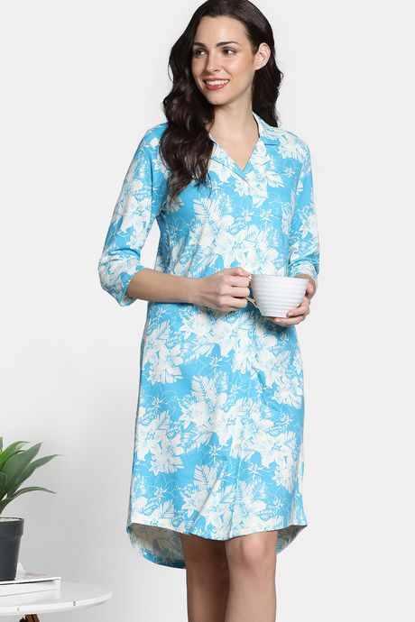 Zivame 2 Mile Fashion Knit Cotton Knee Length Nightdress - Bachelor Button