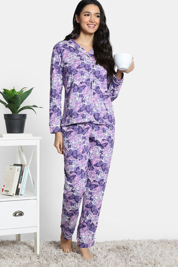 Zivame 2 Mile Fashion Knit Cotton Pyjama Set - Aster Purple