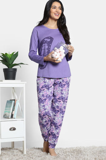 Zivame 2 Mile Fashion Knit Cotton Pyjama Set -Aster Purple
