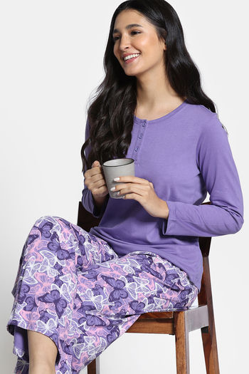Zivame 2 Mile Fashion Knit Cotton Pyjama Set -Aster Purple