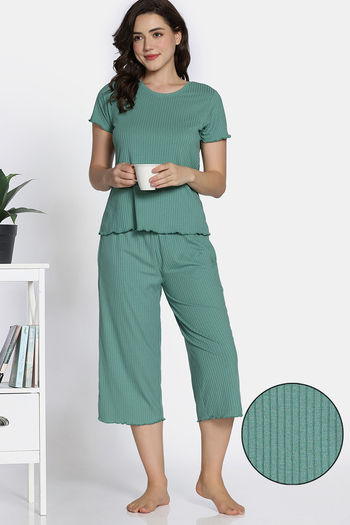 Zivame Mile Fashion Knit Poly Capri Sets Granite Green