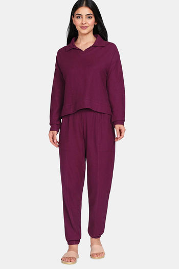 Zivame Mile Fashion Knit Cotton Loungewear Set Plum Caspia