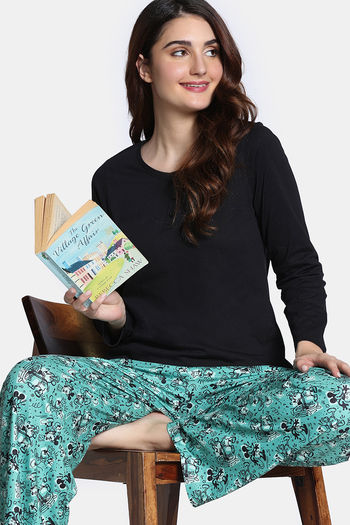 Zivame Mickey Mania Knit Poly Pyjama Set - Winter Green