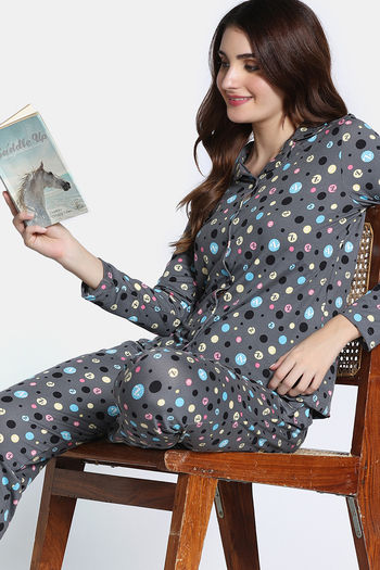 Zivame Zfun Knit Poly Pyjama Set - Iron Gate