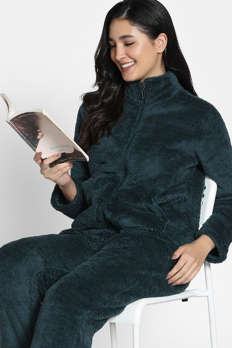 Zivame Soft Snuggles Knit Poly Fur Fabric Loungewear Set - Dark Sea