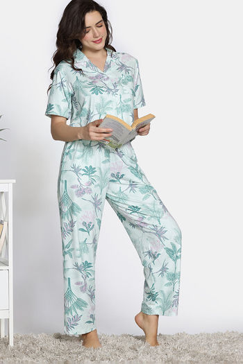Zivame 2 Mile Fashion Knit Poly Pyjama Set - Antique White