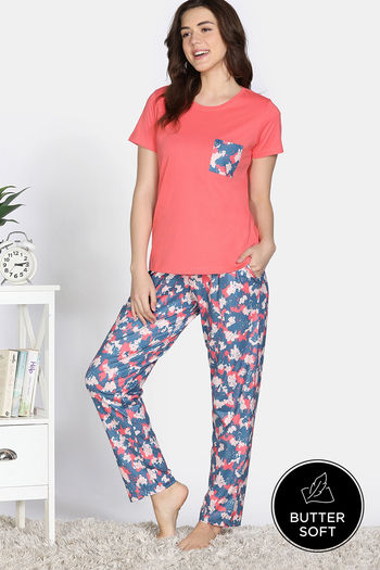 Zivame Dream Daze Knit Poly Pyjama Sets - Deep Sea Coral