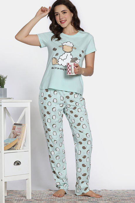 Zivame Farm Lore Knit Cotton Pyjama Set - Green Ash