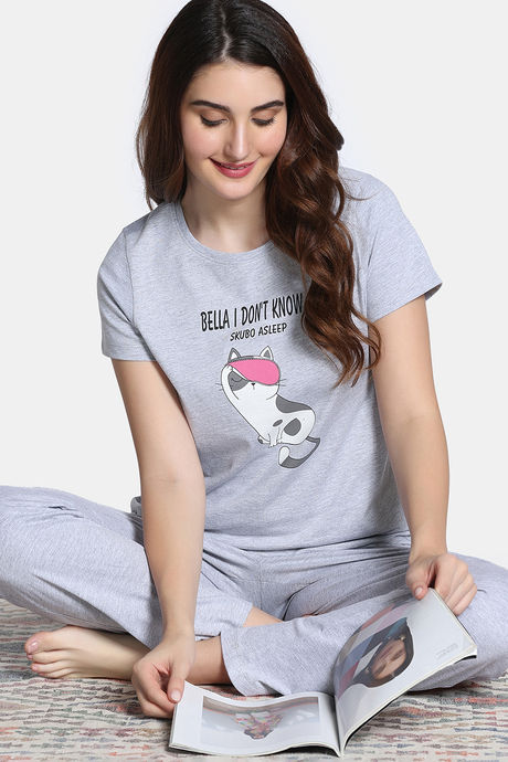 Zivame Farm Lore Knit Cotton Pyjama Set - Grey Melange