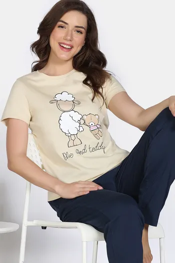 Buy Zivame Farm Lore Knit Cotton Pyjama Set - Beige