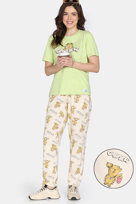 Zivame Garfield Collection Knit Cotton Pyjama Set - Parchment