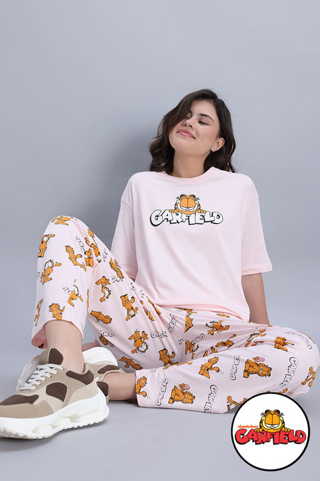 Zivame Garfield Knit Cotton Pyjama Set - Pink Dogwood