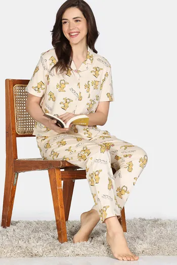 Buy Zivame Garfield Collection Knit Cotton Pyjama Set - Parchment