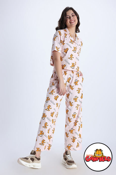 Zivame Garfield Collection Knit Cotton Pyjama Set - Pink Dogwood