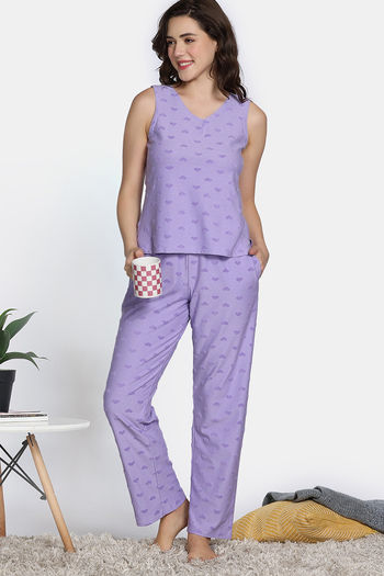 Buy Zivame 2 Mile Fashion Knit Cotton Pyjama Set - Lavender