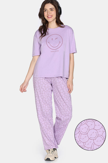 Zivame 2 Mile Fashion Knit Cotton Loungewear Set - Orchid Bloom