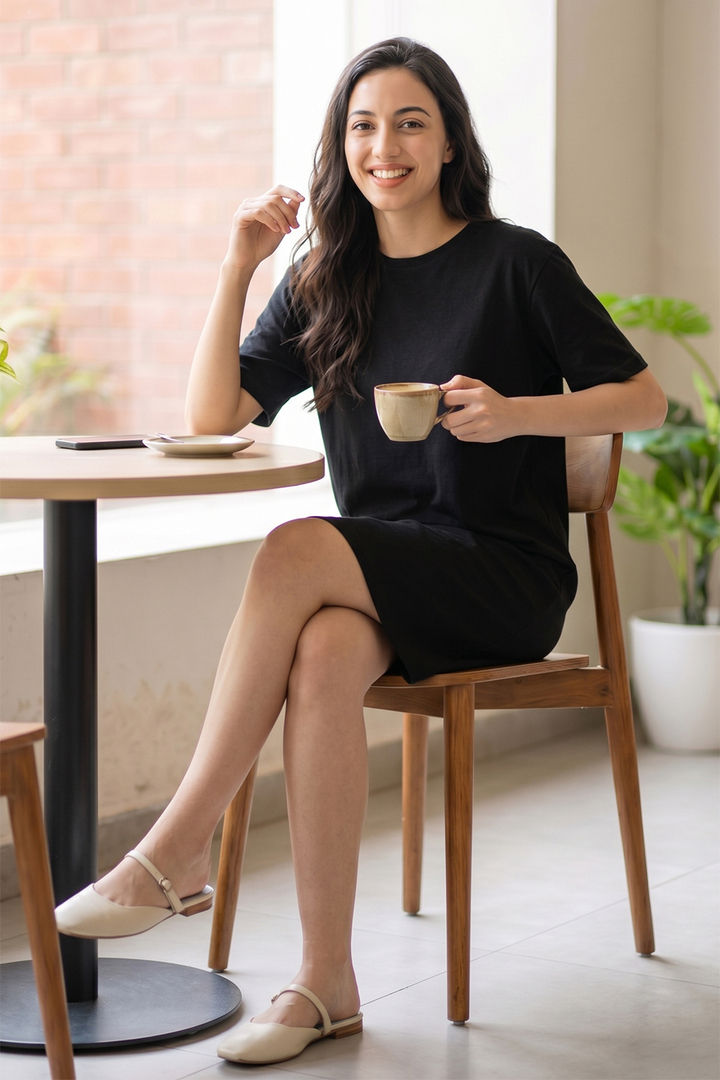 Zivame 2 Mile Fashion Knit Cotton Loungewear Dress - Black Beauty