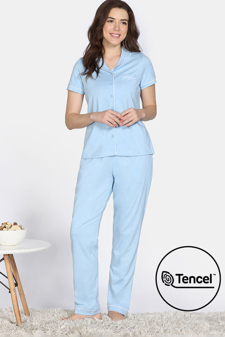 Zivame Cotton Tencel Pyjama Set - Clear Sky