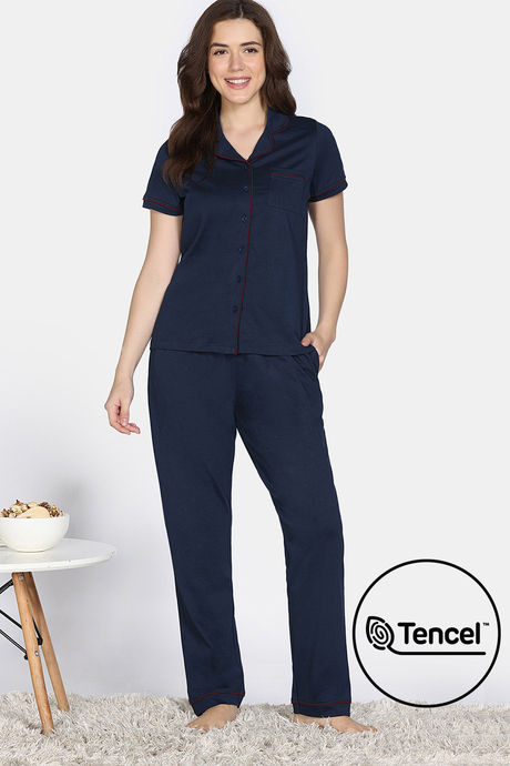 Zivame Cotton Tencel Pyjama Set - Medieval Blue