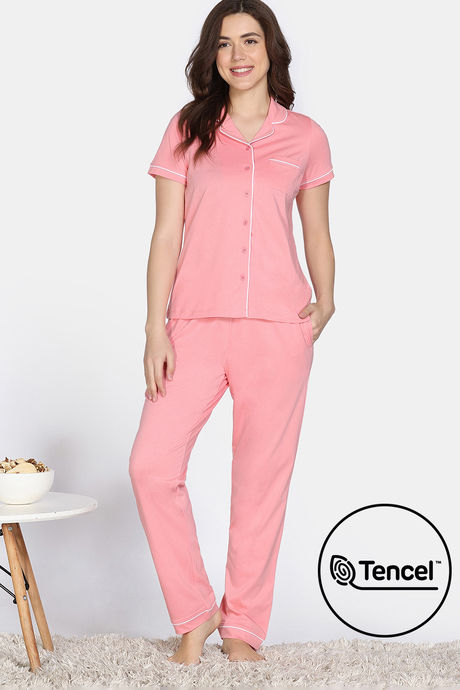 Zivame Cotton Tencel Pyjama Set - Pink Icing
