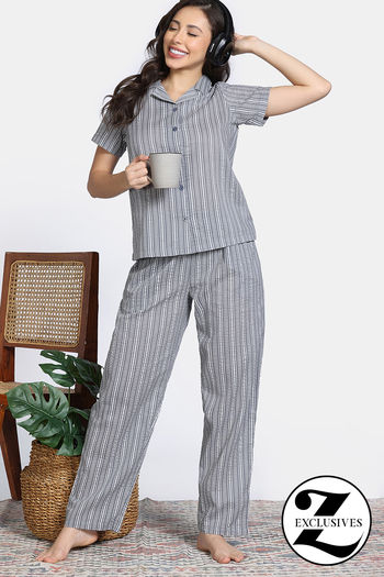 Zivame Woven Seersucker Sleep Pyjama Set - Steel Grey