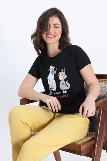 Buy Zivame Knit Cotton Pyjama Set - Black