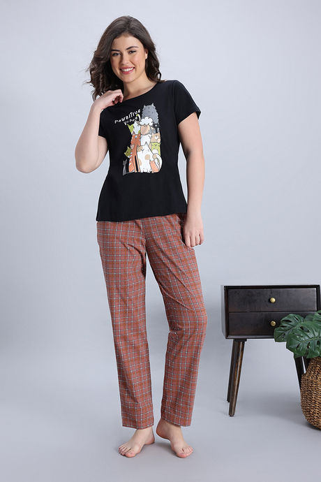 Zivame Knit Cotton Pyjama Set - Black Beauty