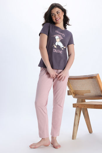 Buy Zivame Farm Lore Knit Cotton Pyjama Set - Black Plum