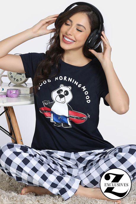 Zivame Farm Lore Knit Cotton Pyajama Sets - Estate Blue