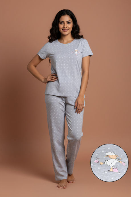 Zivame Farm Lore Knit Cotton Pyjama Set - Grey Melange