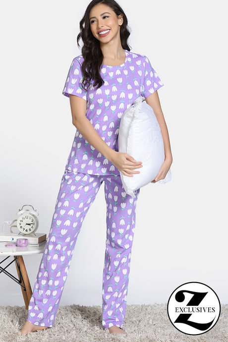 Zivame Farm Lore Knit Cotton Pyajama Sets - Lavender