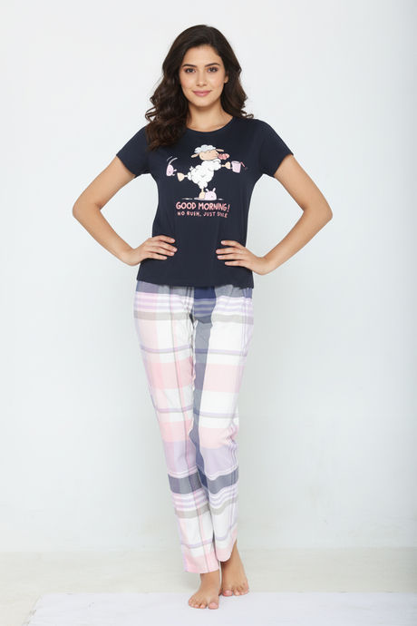 Zivame Knit Cotton Pyjama Set - Navy Peony