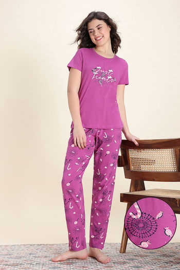 Buy Zivame Farm Lore Knit Cotton Pyjama Set - Purple Orchid
