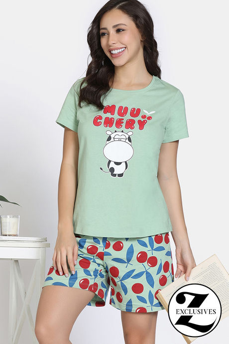 Zivame Knit Cotton Short Set - Quiet Green
