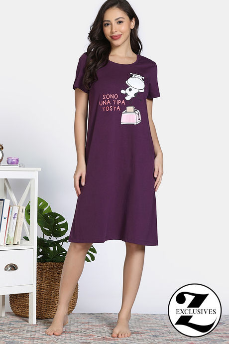 Zivame Farm Lore Knit Cotton Night Dress - Blackberry Wine