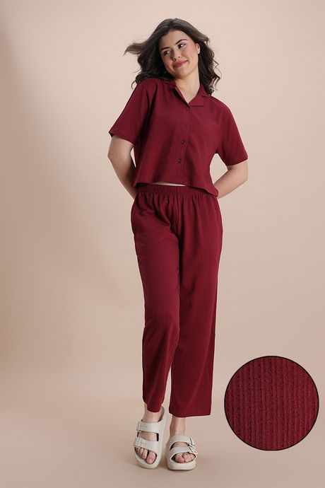 Zivame Knit Cotton Loungewear Set - New Maroon