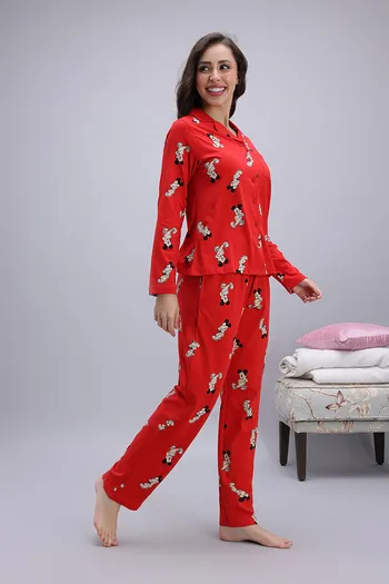 Buy Zivame Mickey Mouse Knit Cotton Pyjama Set High Rise Red at