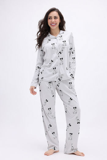 Zivame Mickey Mouse Knit Cotton Pyjama Set Vapor Blue
