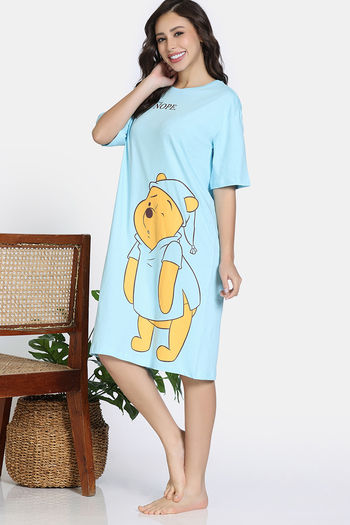 Zivame Winnie the Pooh Knit Cotton Loungewear Dress Crystal Blue